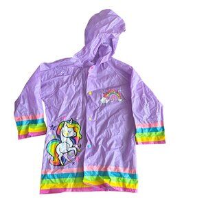 Purple Unicorn & Rainbow Vinyl Kids Raincoat W/ Hood By Puddle Play Large